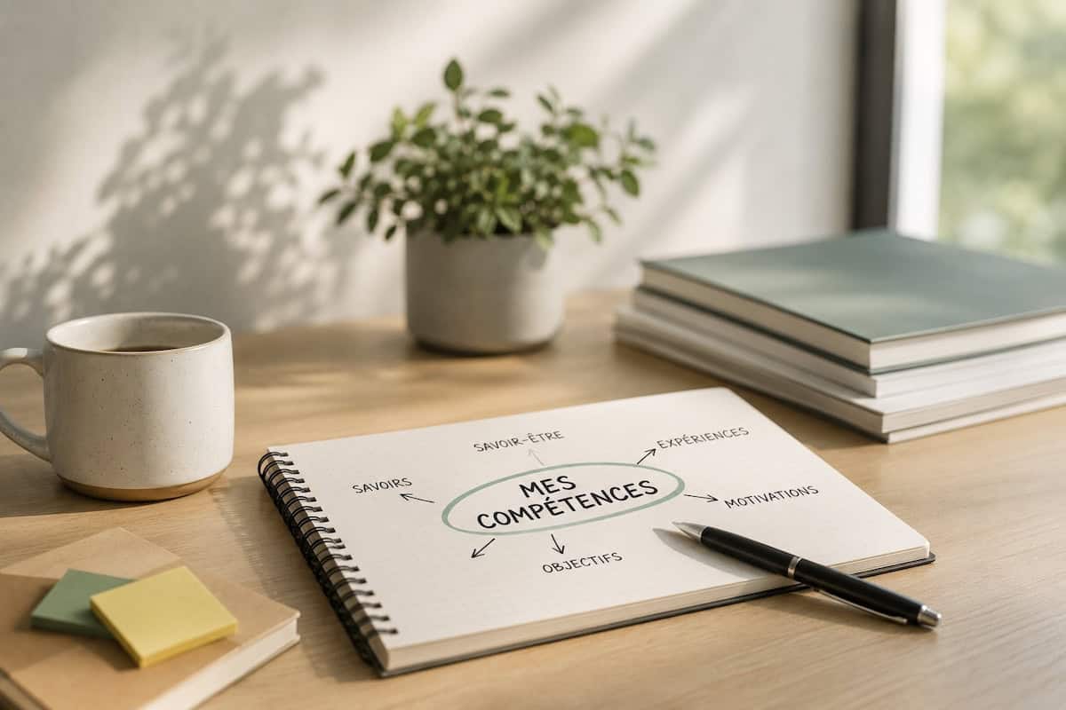 Carnet sur un bureau avec un dessin : mes compétences