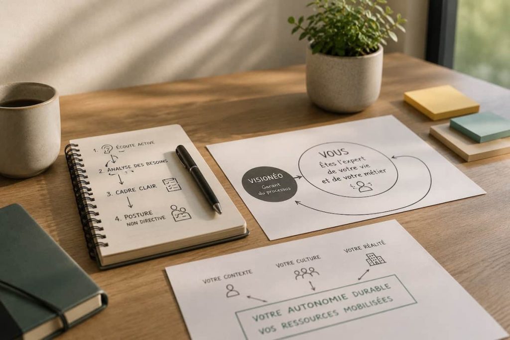 Bureau avec un carnet et des fiches de coaching Visionéo